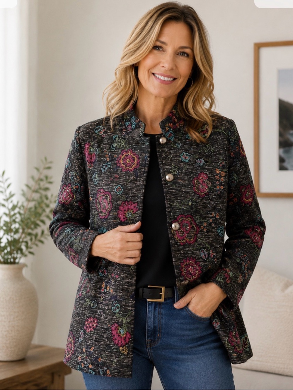 Chico's Black Cropped Button Blazer with Subtle Floral Print